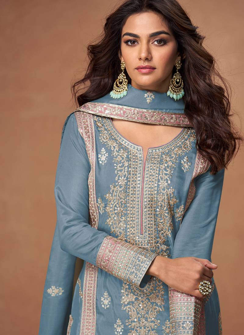 heavy embroidery worked baby blue long salwar suit set for women wedding wear