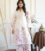 Floral embroidered white round neck cotton kurta & trouser