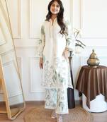 Floral embroidered white round neck cotton kurta & trouser