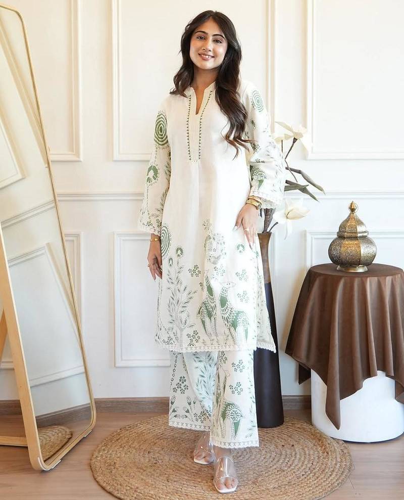 Floral embroidered white round neck cotton kurta & trouser