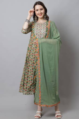 Pista green pure cotton embroidered kurta & pant with dupatta
