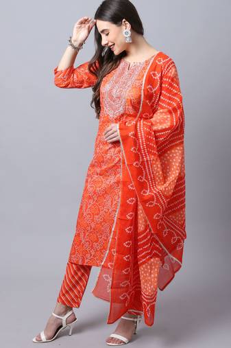 Orange pure cambric cotton jaipuri printed & embroidered kurta & pant with dupatta