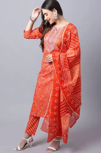 Orange pure cambric cotton jaipuri printed & embroidered kurta & pant with dupatta