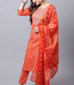Orange pure cambric cotton jaipuri printed & embroidered kurta & pant with dupatta
