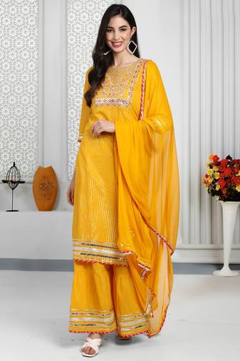 Yellow pure cotton lurex embroidered kurta & sharara with dupatta
