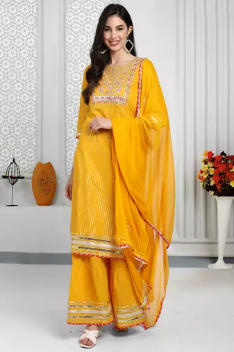 Yellow pure cotton lurex embroidered kurta & sharara with dupatta