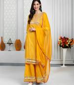 Yellow pure cotton lurex embroidered kurta & sharara with dupatta