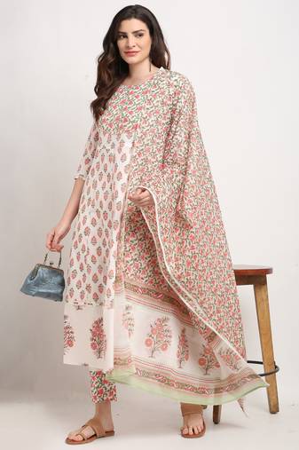 White & pink pure cambric cotton printed kurta & pant with dupatta