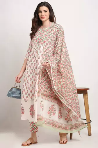 White & pink pure cambric cotton printed kurta & pant with dupatta