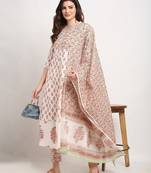 White & pink pure cambric cotton printed kurta & pant with dupatta
