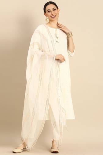 Off white pure cambric cotton embroidered kurta & pant with dupatta