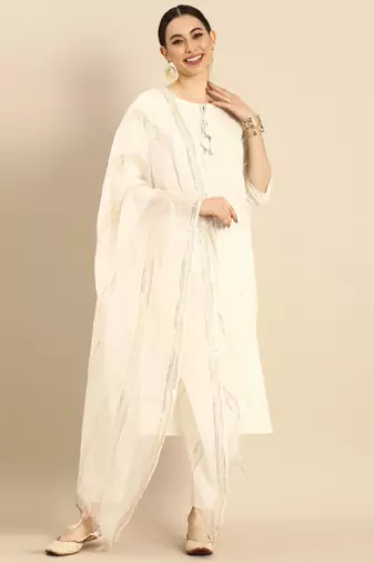 Off white pure cambric cotton embroidered kurta & pant with dupatta