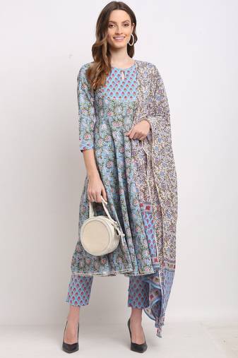 Blue pure cambric cotton printed kurta & pant with dupatta