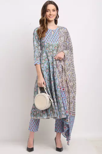 Blue pure cambric cotton printed kurta & pant with dupatta