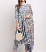 Blue pure cambric cotton printed kurta & pant with dupatta