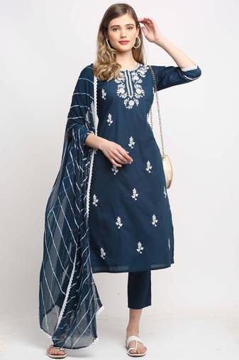 Navy blue pure cambric cotton embroidered kurta & pant with dupatta