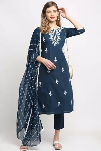 Navy blue pure cambric cotton embroidered kurta & pant with dupatta