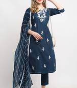 Navy blue pure cambric cotton embroidered kurta & pant with dupatta