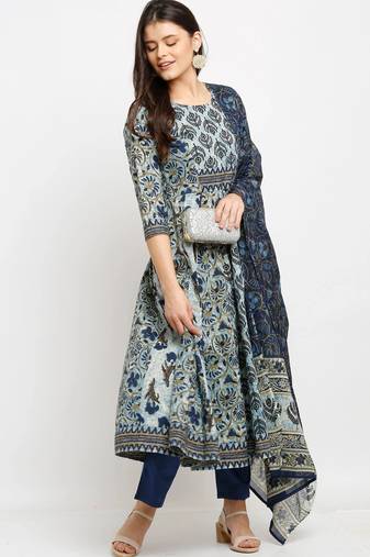 Blue pure cambric cotton printed kurta & pant with dupatta