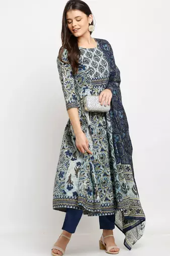 Blue pure cambric cotton printed kurta & pant with dupatta