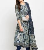 Blue pure cambric cotton printed kurta & pant with dupatta