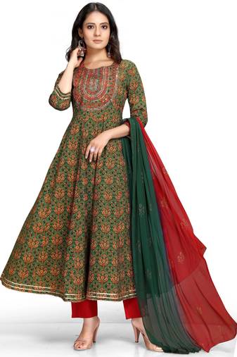 Green & red pure cambric cotton embroidered kurta & pant with dupatta