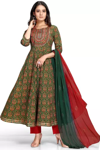 Green & red pure cambric cotton embroidered kurta & pant with dupatta