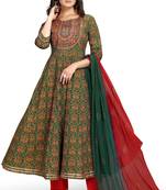 Green & red pure cambric cotton embroidered kurta & pant with dupatta