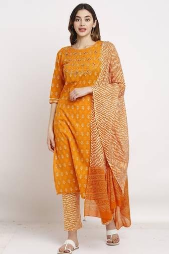 Orange pure cambric cotton embroidered kurta & pant with dupatta
