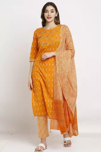 Orange pure cambric cotton embroidered kurta & pant with dupatta