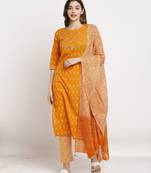 Orange pure cambric cotton embroidered kurta & pant with dupatta