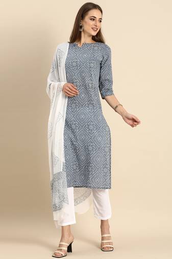 Grey & white pure cambric cotton embroidered kurta & pant with dupatta