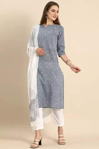 Grey & white pure cambric cotton embroidered kurta & pant with dupatta