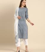 Grey & white pure cambric cotton embroidered kurta & pant with dupatta