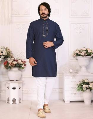 blue color silk blend couple combo men's kurta & pajama & women saree set 3
