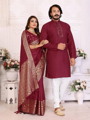 maroon  color silk blend couple combo men's kurta & pajama & women saree set 1