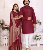 maroon  color silk blend couple combo men's kurta & pajama & women saree set
