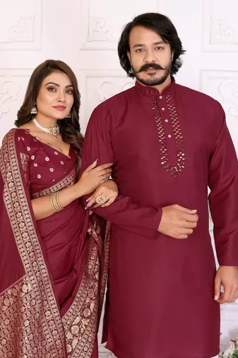 maroon  color silk blend couple combo men's kurta & pajama & women saree set