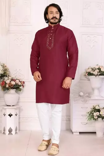 maroon  color silk blend couple combo men's kurta & pajama & women saree set