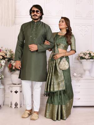 mehandi green  color silk blend couple combo men's kurta & pajama & women saree set 1