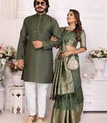 mehandi green  color silk blend couple combo men's kurta & pajama & women saree set