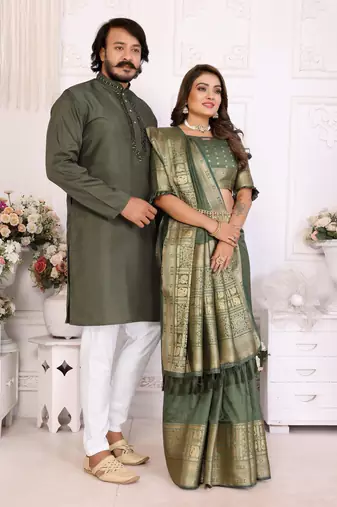 mehandi green  color silk blend couple combo men's kurta & pajama & women saree set