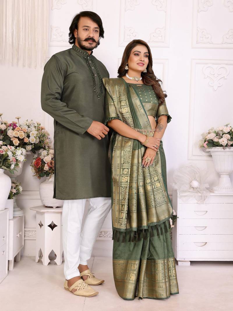 mehandi green  color silk blend couple combo men's kurta & pajama & women saree set
