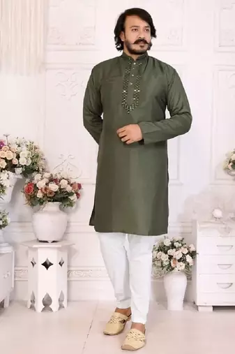 mehandi green  color silk blend couple combo men's kurta & pajama & women saree set