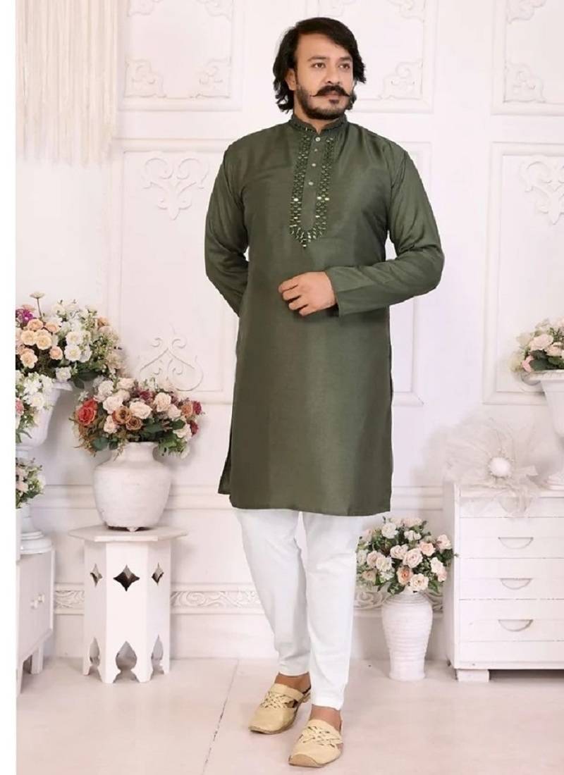 mehandi green  color silk blend couple combo men's kurta & pajama & women saree set