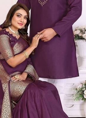 purple  color silk blend couple combo men's kurta & pajama & women saree set 2