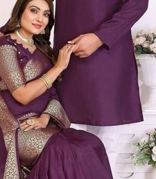 purple  color silk blend couple combo men's kurta & pajama & women saree set