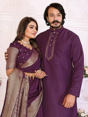 purple  color silk blend couple combo men's kurta & pajama & women saree set 1