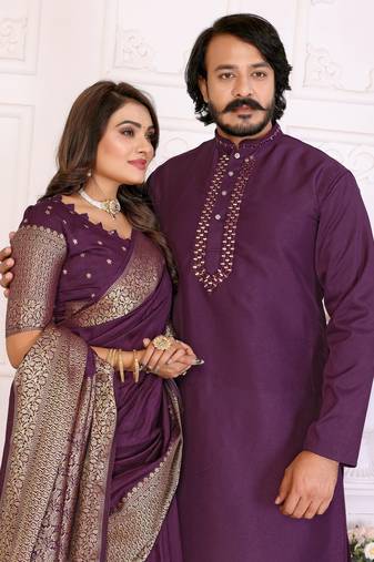 purple  color silk blend couple combo men's kurta & pajama & women saree set