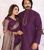 purple  color silk blend couple combo men's kurta & pajama & women saree set